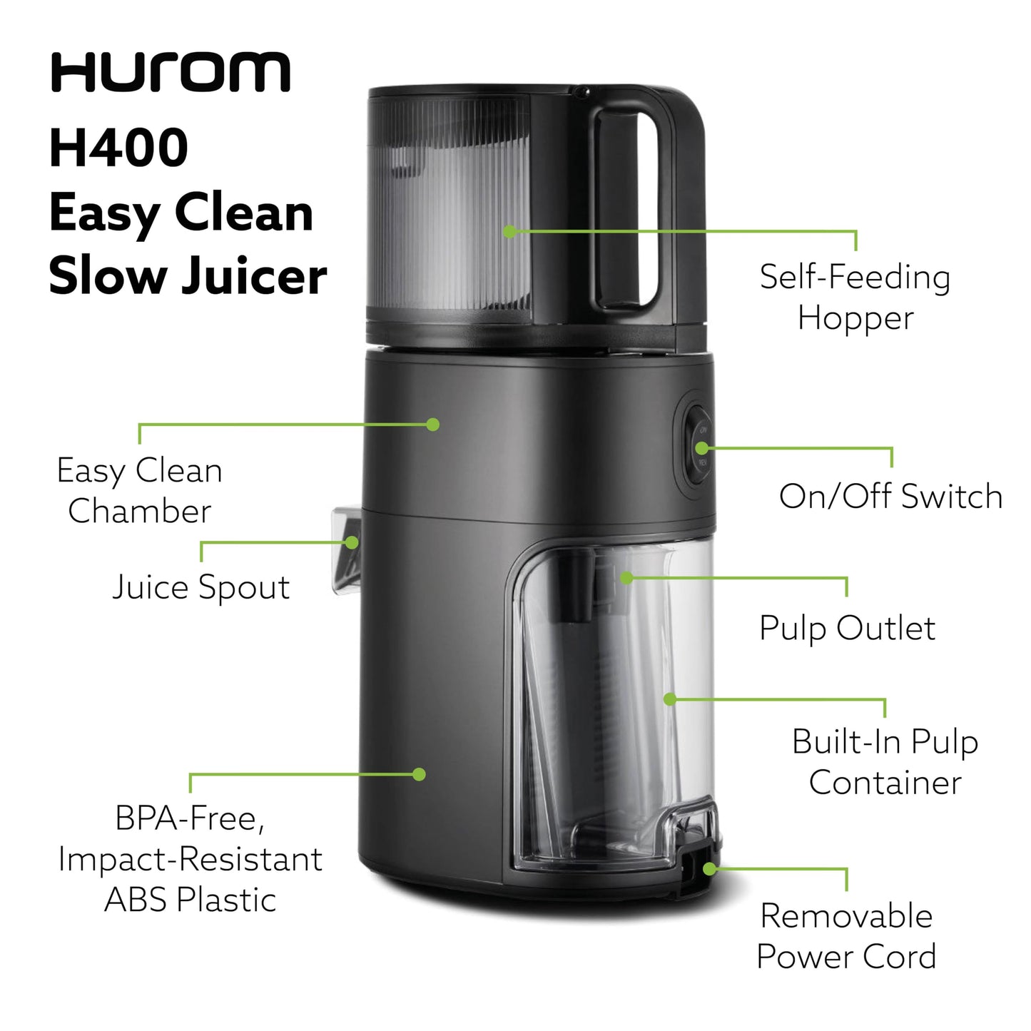 Hurom New H400 Cold Press Juicer, Premium Slow Juicer, All-in-1 Juicer for Fruits, Vegetables, Nut Milk, Ultra-Quiet Motor, Easy to Clean, Strainer & Hands Free with Self Feeding, 12 Years Warranty