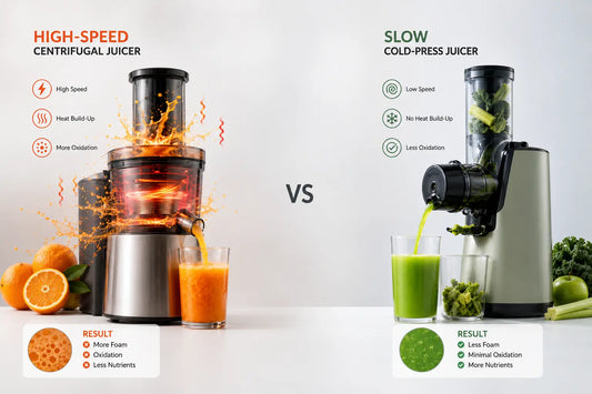 comparison of centrifugal juicer spinning fast on left vs cold-press juicer operating slowly on right