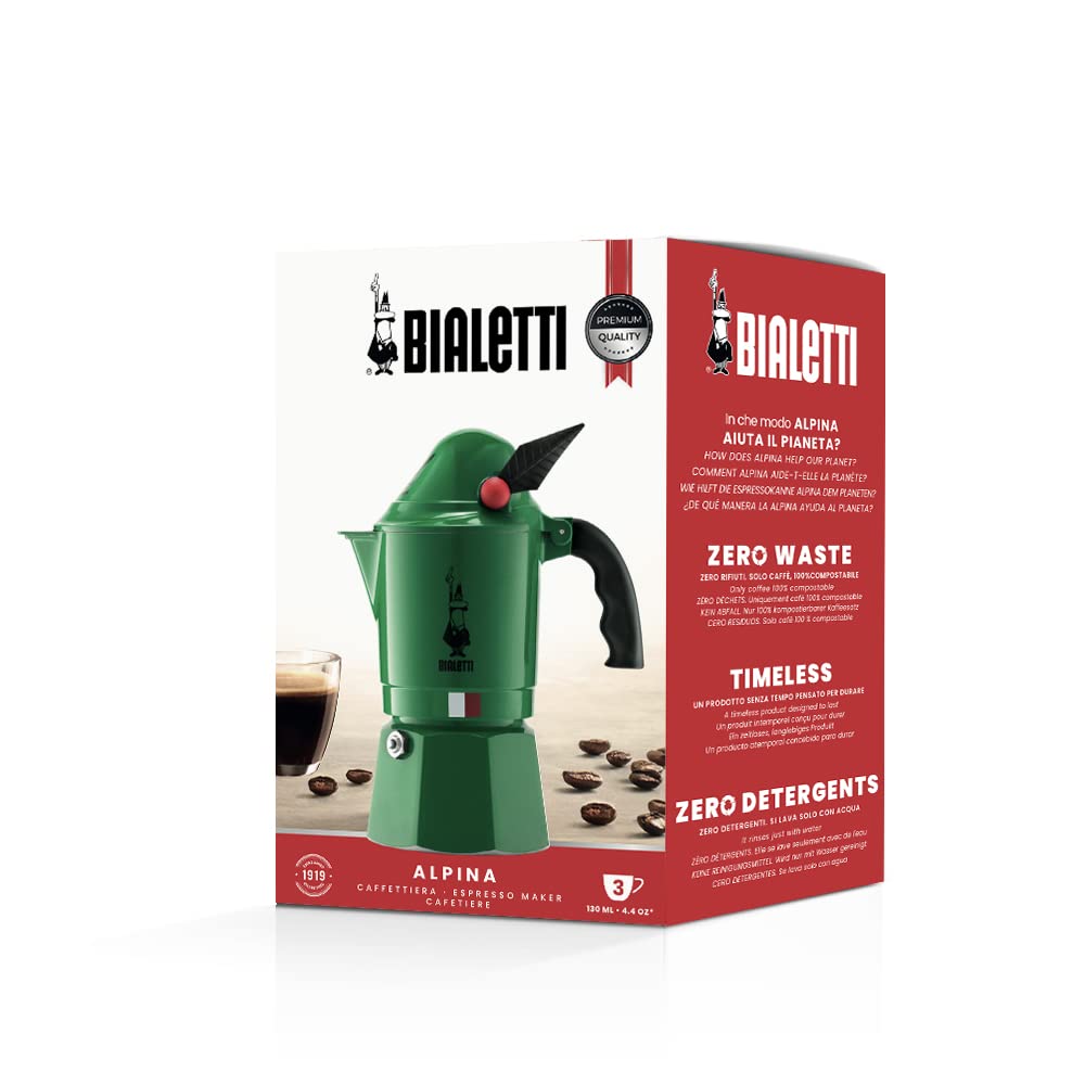 Bialetti Moka Alpina Limited Edition 3 Cup Espresso Maker/Premium Aluminium Coffee Maker Inspired by Alpina Design, Classic Octagonal Body for Even Heat Distribution, pack of 1