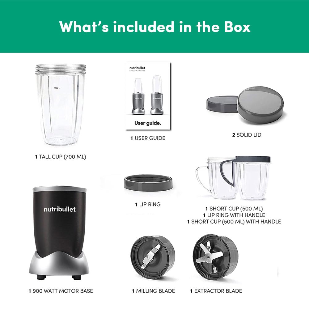 NutriBullet PRO 900W Blender Mixer Grinder(Jade), 12-Piece Set with 3 Unbreakable Jars & Wet/Dry Blade Set, USA’s #1 Smoothie Maker, Food Processor