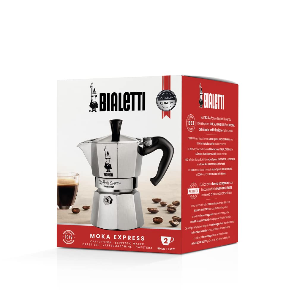 Bialetti Moka Express Iconic Italian Stovetop Espresso Maker, Italian Made; Moka Pot/Percolator/Coffee Maker/Mocha Pot for an Authentic Italian Coffee (Silver, 3 Cup)