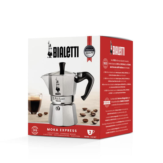 Bialetti Moka Express Iconic Italian Stovetop Espresso Maker, Italian Made; Moka Pot/Percolator/Coffee Maker/Mocha Pot for an Authentic Italian Coffee (Silver, 3 Cup)