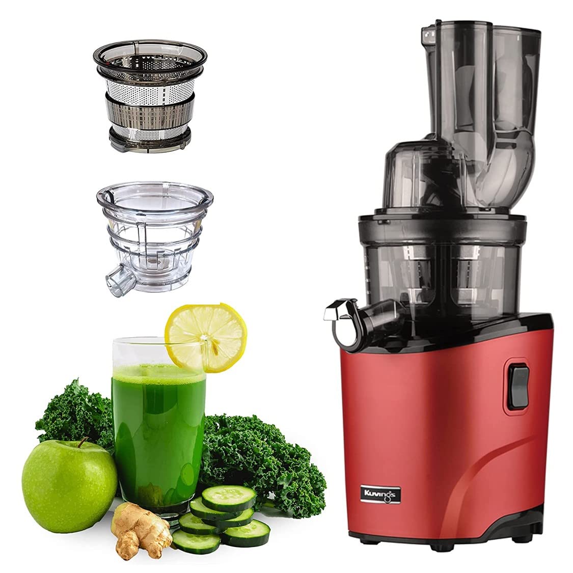 Kuvings Newly Launched Professional Cold Press Whole Slow Juicer, World's First Juicer with Patented Automatic-Cutting Auger to reduce juicing time (AUTO 10 Red + Smoothie & Sorbet)