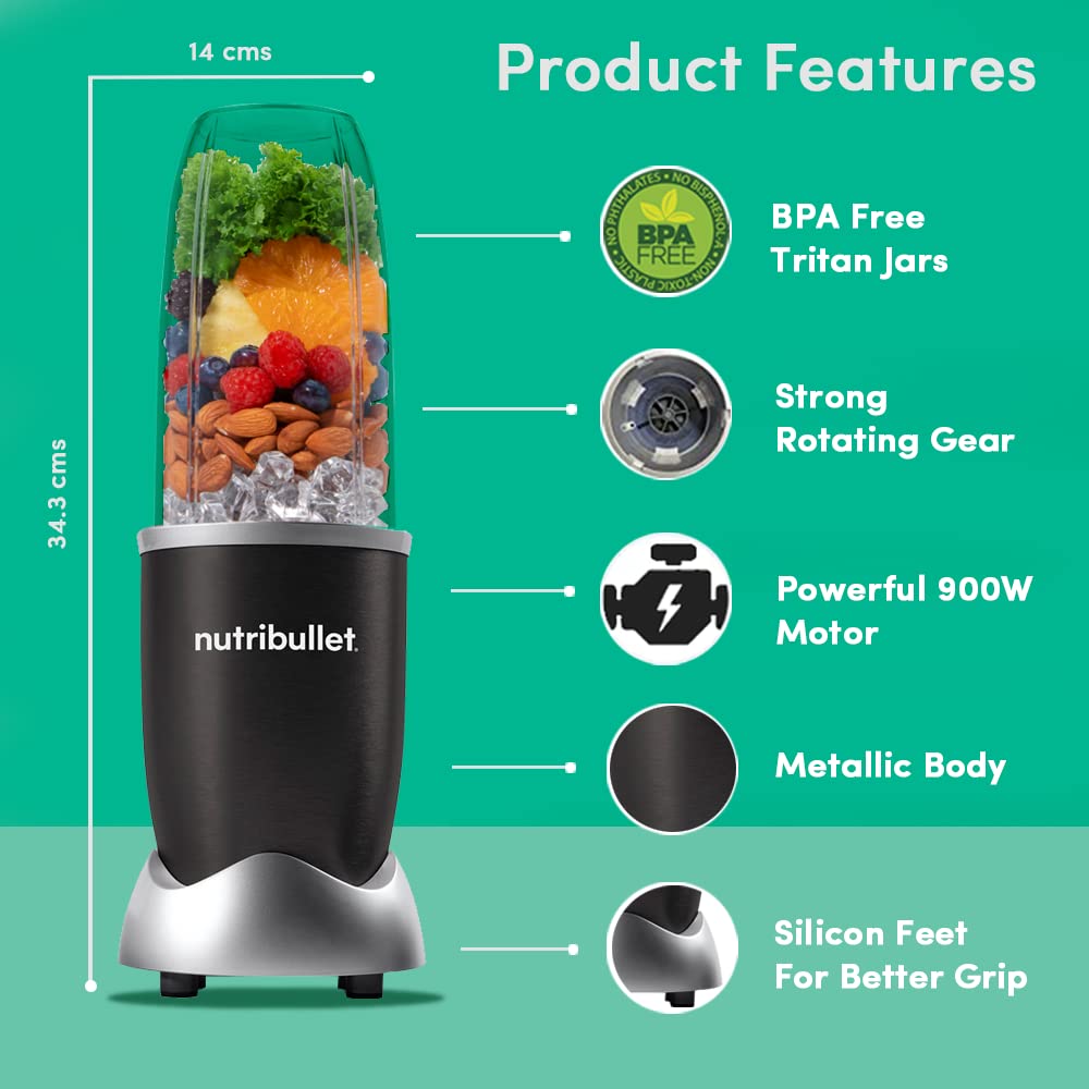 NutriBullet PRO 900W Blender Mixer Grinder(Jade), 12-Piece Set with 3 Unbreakable Jars & Wet/Dry Blade Set, USA’s #1 Smoothie Maker, Food Processor