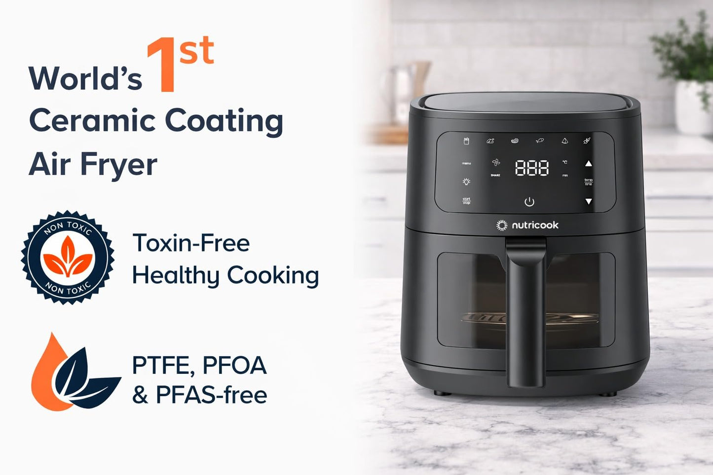 Nutricook 4.5L Air Fryer Essential, 2026 New Launch, 100% Toxin-Free Ceramic Coating - No PTFE, PFAS, PFOA or Microplastics, Clear Window, 1300W, 6 Cooking Programs, 2-Year Warranty