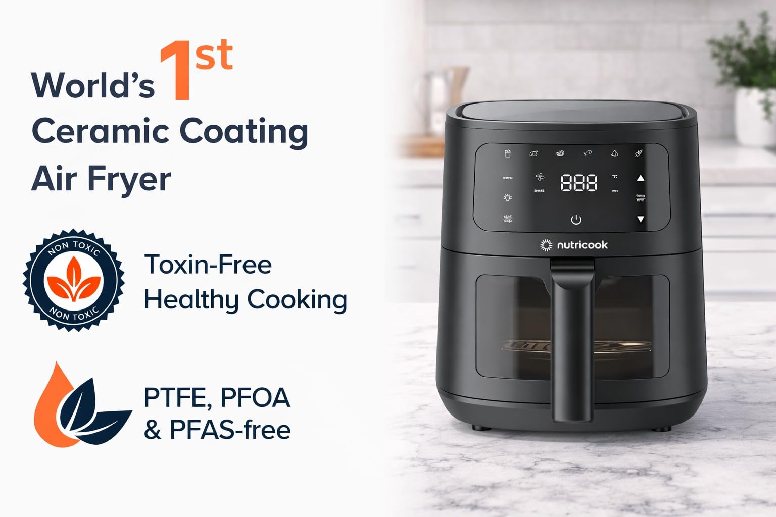 Nutricook 4.5L Air Fryer Essential, 2026 New Launch, 100% Toxin-Free Ceramic Coating - No PTFE, PFAS, PFOA or Microplastics, Clear Window, 1300W, 6 Cooking Programs, 2-Year Warranty