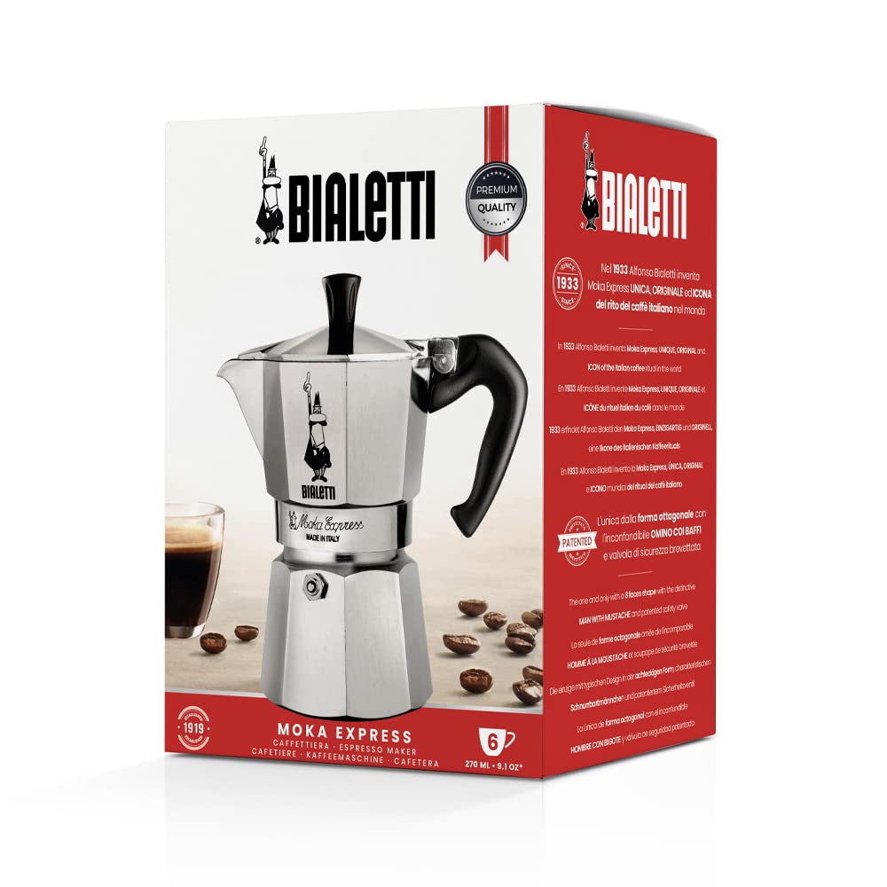 Bialetti Moka Express Iconic Italian Stovetop Espresso Maker, Italian Made; Moka Pot/Percolator/Coffee Maker/Mocha Pot for an Authentic Italian Coffee (Silver, 3 Cup)