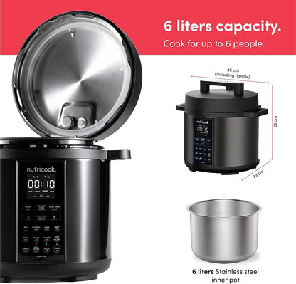 Nutricook Smart Pot 2 Stainless Steel 6 QT (5.7L), 1000W 9-in-1 Instant Programmable Electric Pressure Cooker, Slow Cooker, Rice Cooker, Steamer, Sauté Pot, Sous Vide, Smart Lid, 2-Year Warranty