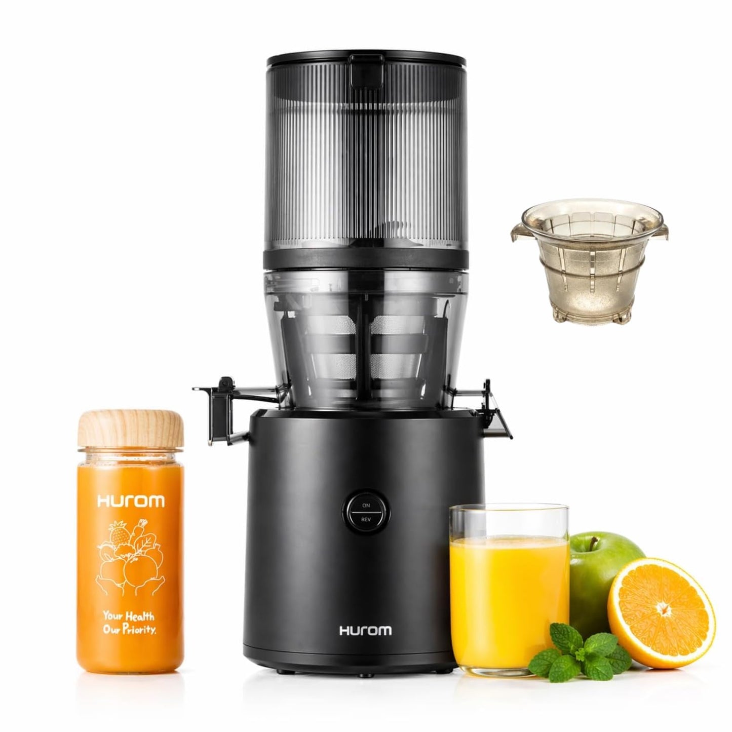 Hurom H320 Cold Press Juicer | Ultra Low Pulp | Slow Juicer | Hopper Fits Whole Produce | Ultra Quiet Motor | Easy Assembly | Cold Press Masticating Juicer, 15 Years Warranty (Matte Black)
