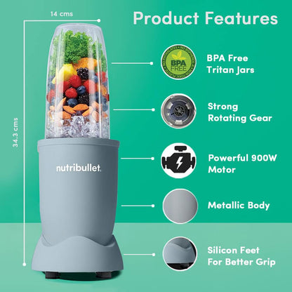 NutriBullet PRO 900W Blender Mixer Grinder(Jade), 12-Piece Set with 3 Unbreakable Jars & Wet/Dry Blade Set, USA’s #1 Smoothie Maker, Food Processor
