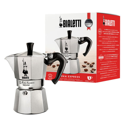 Bialetti Moka Express Iconic Italian Stovetop Espresso Maker, Italian Made; Moka Pot/Percolator/Coffee Maker/Mocha Pot for an Authentic Italian Coffee (Silver, 3 Cup)