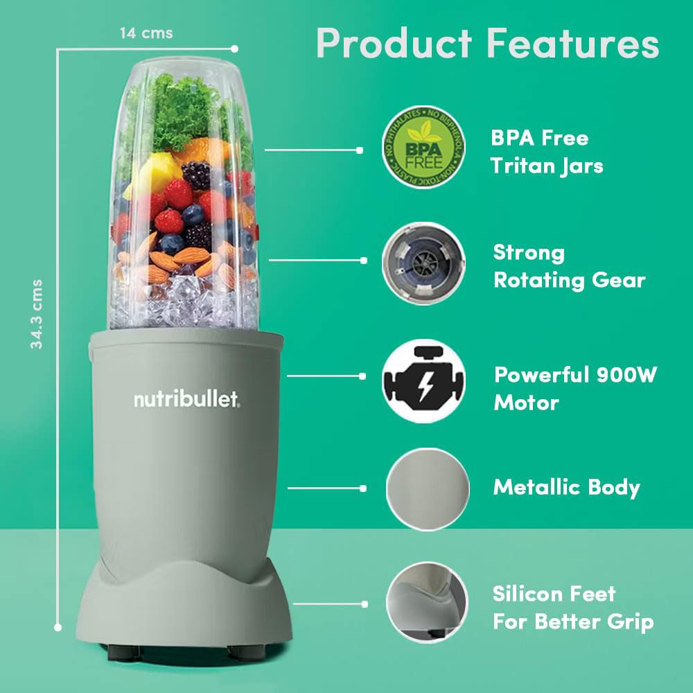NutriBullet PRO 900W Blender Mixer Grinder(Jade), 12-Piece Set with 3 Unbreakable Jars & Wet/Dry Blade Set, USA’s #1 Smoothie Maker, Food Processor