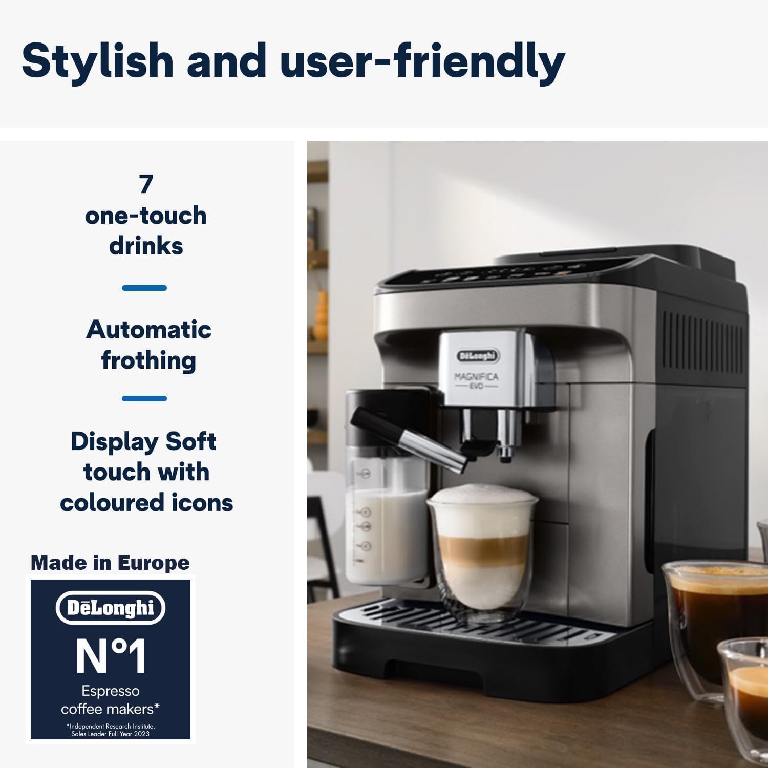 DeLonghi Magnifica EVO Fully Automatic Coffee Machine, Original Italian Brand, 12+ Hot & Cold Coffee Options, Patented LatteCrema Technology, Intuitive Colour Display, Bean to Cup, ECAM290.81