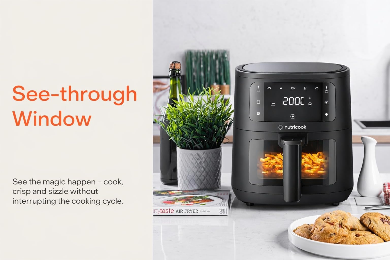 Nutricook 4.5L Air Fryer Essential, 2026 New Launch, 100% Toxin-Free Ceramic Coating - No PTFE, PFAS, PFOA or Microplastics, Clear Window, 1300W, 6 Cooking Programs, 2-Year Warranty