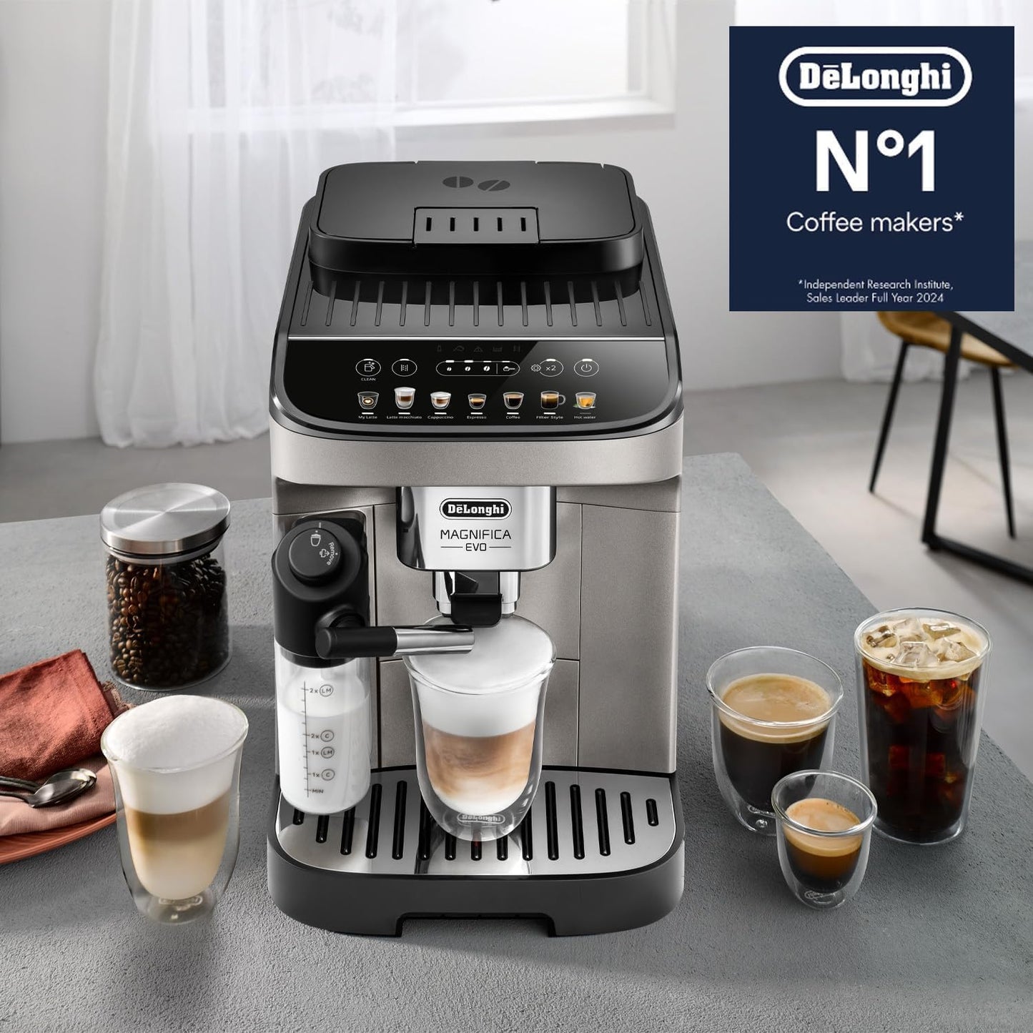 DeLonghi Magnifica EVO Fully Automatic Coffee Machine, Original Italian Brand, 12+ Hot & Cold Coffee Options, Patented LatteCrema Technology, Intuitive Colour Display, Bean to Cup, ECAM290.81