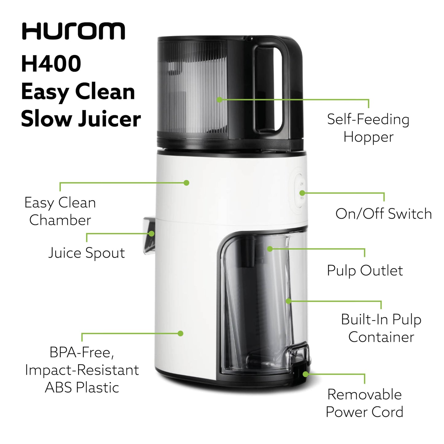 Hurom New H400 Cold Press Juicer, Premium Slow Juicer, All-in-1 Juicer for Fruits, Vegetables, Nut Milk, Ultra-Quiet Motor, Easy to Clean, Strainer & Hands Free with Self Feeding, 12 Years Warranty