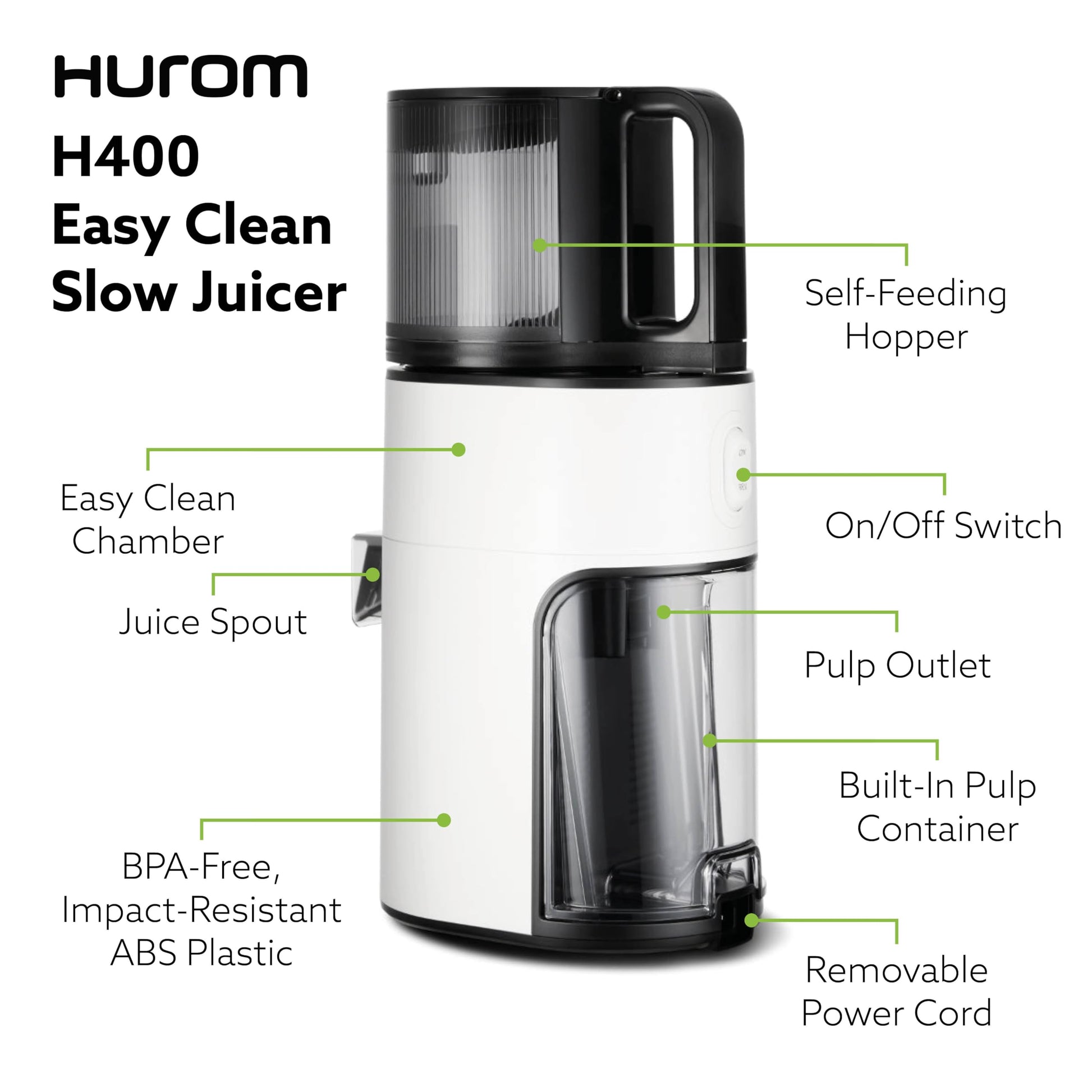Hurom New H400 Cold Press Juicer, Premium Slow Juicer, All-in-1 Juicer for Fruits, Vegetables, Nut Milk, Ultra-Quiet Motor, Easy to Clean, Strainer & Hands Free with Self Feeding, 12 Years Warranty