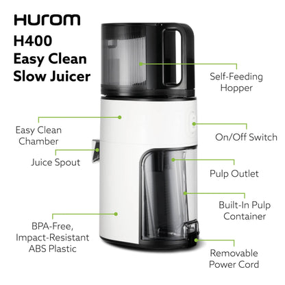 Hurom New H400 Cold Press Juicer, Premium Slow Juicer, All-in-1 Juicer for Fruits, Vegetables, Nut Milk, Ultra-Quiet Motor, Easy to Clean, Strainer & Hands Free with Self Feeding, 12 Years Warranty