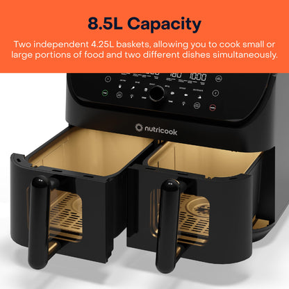 Nutricook Air Fryer 8.5L Duo2 Vision, 2026 New Launch with Independent Dual Baskets, Clear Window & Light, 100% Toxin-Free, No PTFE, PFOA or Microplastics, 2400W, 6 Presets, 2-Year Warranty