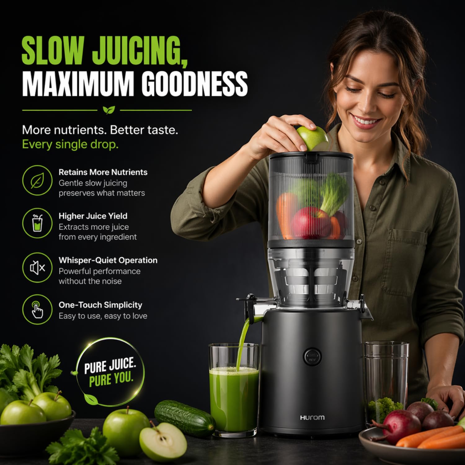 Hurom H320 Cold Press Juicer | Ultra Low Pulp | Slow Juicer | Hopper Fits Whole Produce | Ultra Quiet Motor | Easy Assembly | Cold Press Masticating Juicer, 15 Years Warranty (Matte Black)