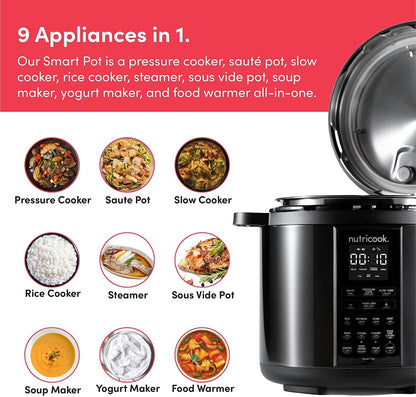Nutricook Stainless Steel Smart Pot 2 8QT (7.7 Litre),1200W 9-in-1 Instant Programmable Electric Pressure Cooker, Slow Cooker, Rice Cooker, Steamer, Sauté Pot, Sous Vide, Smart Lid, 2-Year Warranty