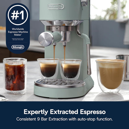De’Longhi Dedica Duo Cold Brew Espresso Machine with Milk Frother, 15 Bar Pressure, Original Italian Barista Style Coffee Maker, Make Espresso, Latte, Cappuccino & Ice Coffee, Pistachio Green, EC890GR
