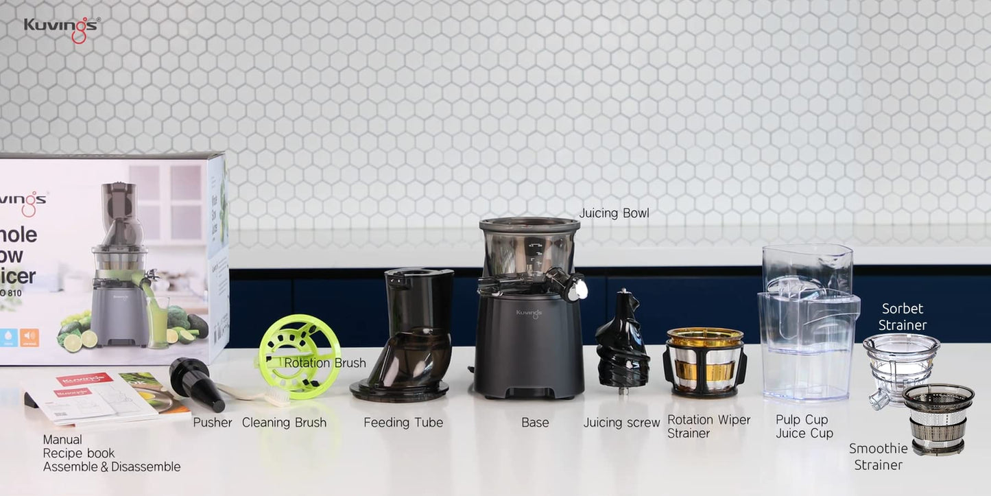 Kuvings EVO810 Black Professional Cold Press Whole Slow Juicer, World's Only Juicer with Patented Rubber & Silicon-Free Technology, 240W Strong Motor, 12 Years Warranty