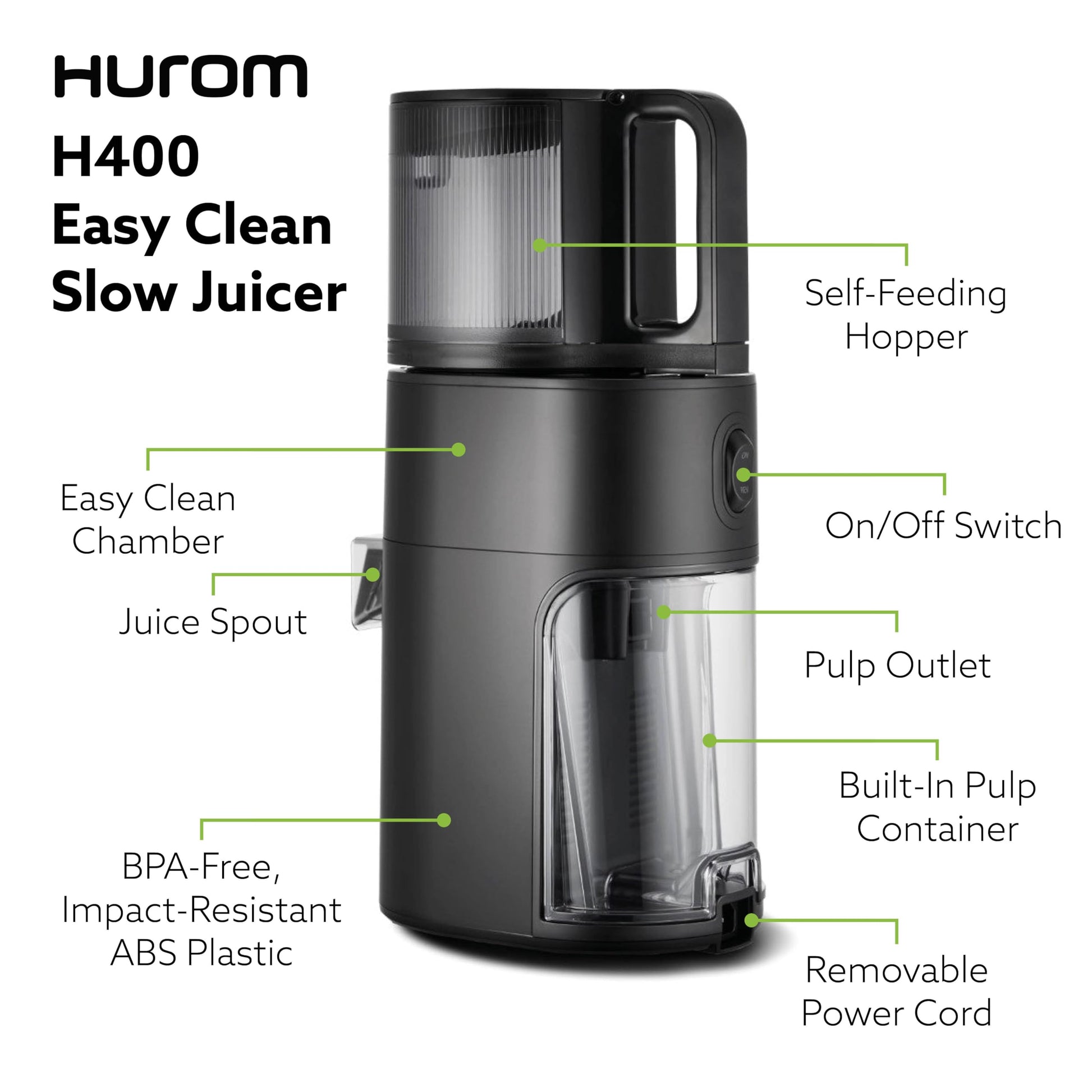 Hurom New H400 Cold Press Juicer, Premium Slow Juicer, All-in-1 Juicer for Fruits, Vegetables, Nut Milk, Ultra-Quiet Motor, Easy to Clean, Strainer & Hands Free with Self Feeding, 12 Years Warranty