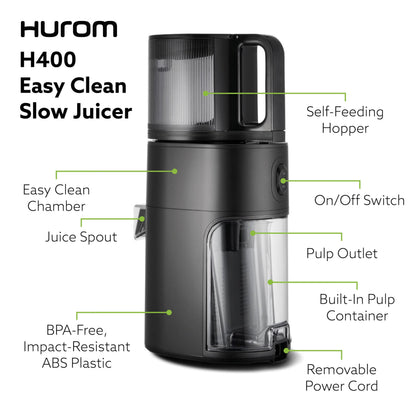 Hurom New H400 Cold Press Juicer, Premium Slow Juicer, All-in-1 Juicer for Fruits, Vegetables, Nut Milk, Ultra-Quiet Motor, Easy to Clean, Strainer & Hands Free with Self Feeding, 12 Years Warranty