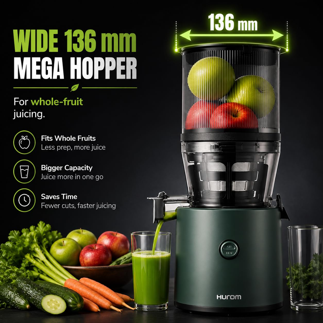 Hurom H320 Cold Press Juicer | Ultra Low Pulp | Slow Juicer | Hopper Fits Whole Produce | Ultra Quiet Motor | Easy Assembly | Cold Press Masticating Juicer, 15 Years Warranty (Matte Black)