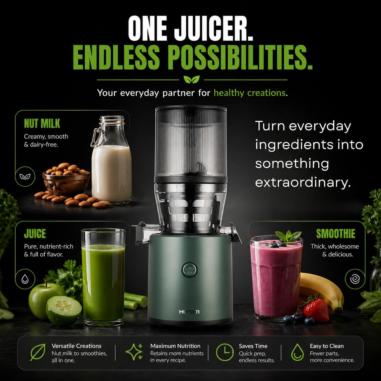 Hurom H320 Cold Press Juicer | Ultra Low Pulp | Slow Juicer | Hopper Fits Whole Produce | Ultra Quiet Motor | Easy Assembly | Cold Press Masticating Juicer, 15 Years Warranty (Matte Black)