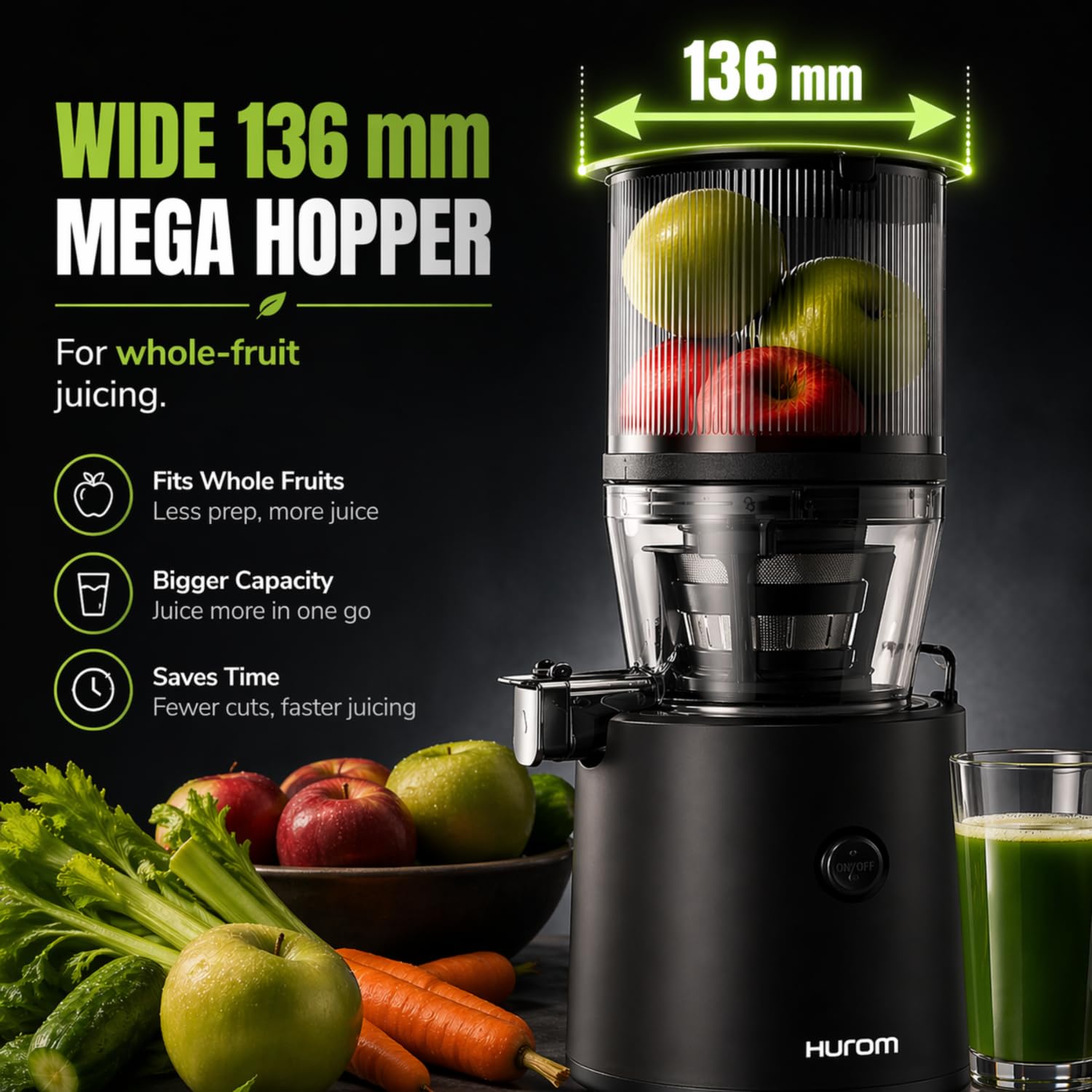 Hurom H320 Cold Press Juicer | Ultra Low Pulp | Slow Juicer | Hopper Fits Whole Produce | Ultra Quiet Motor | Easy Assembly | Cold Press Masticating Juicer, 15 Years Warranty (Matte Black)