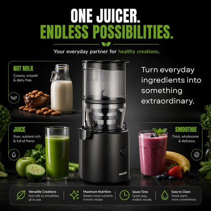 Hurom H320 Cold Press Juicer | Ultra Low Pulp | Slow Juicer | Hopper Fits Whole Produce | Ultra Quiet Motor | Easy Assembly | Cold Press Masticating Juicer, 15 Years Warranty (Matte Black)