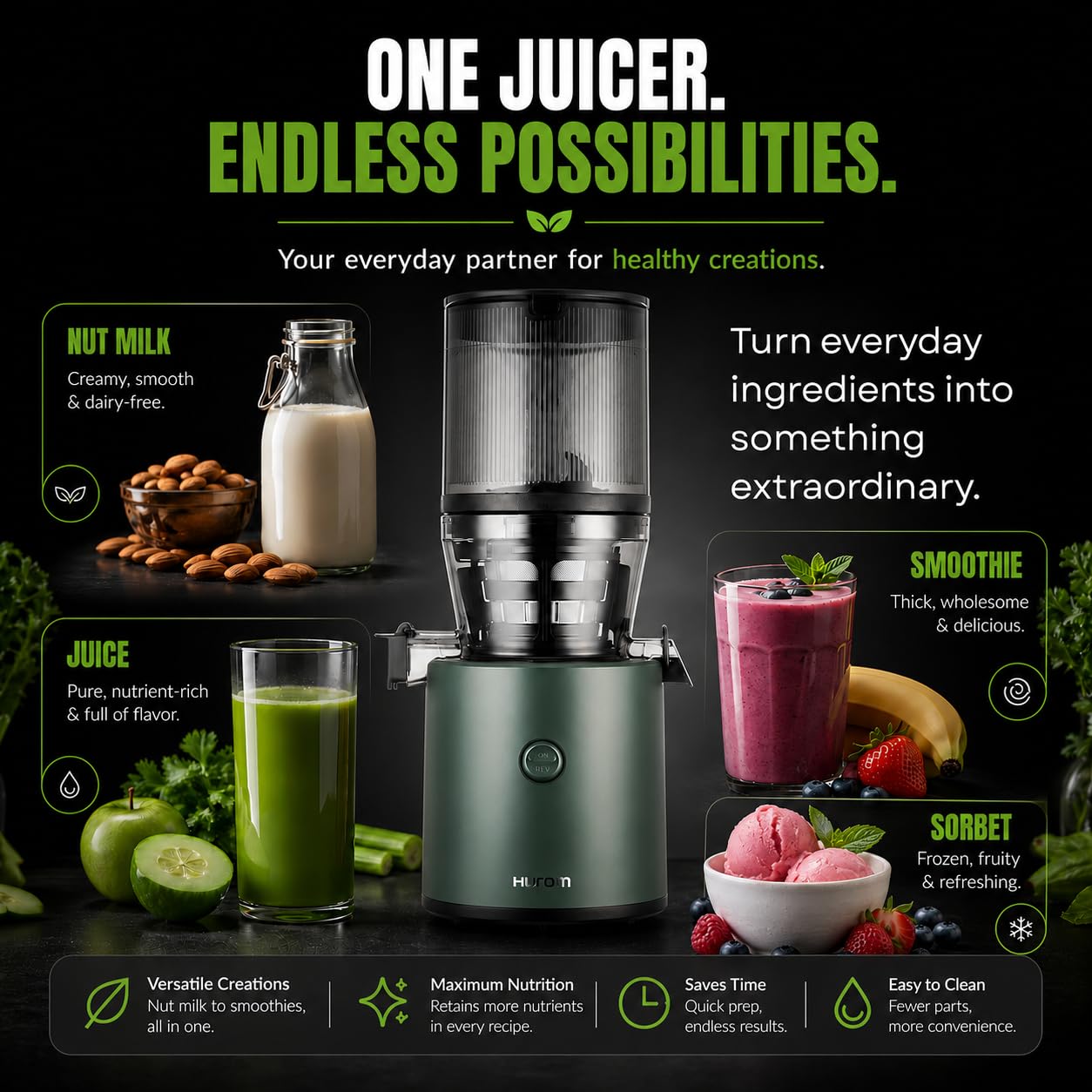 Hurom H320 Cold Press Juicer | Ultra Low Pulp | Slow Juicer | Hopper Fits Whole Produce | Ultra Quiet Motor | Easy Assembly | Cold Press Masticating Juicer, 15 Years Warranty (Matte Black)
