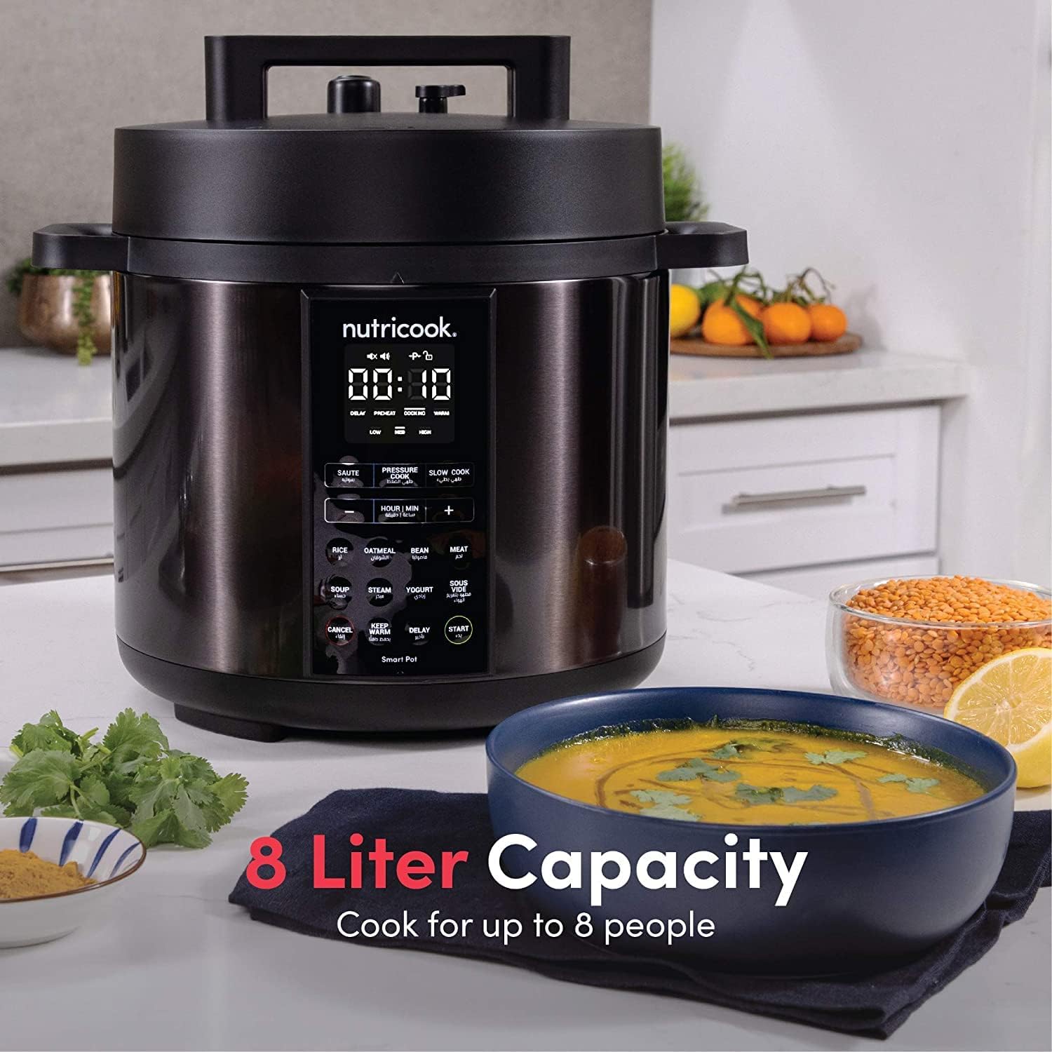 Nutricook Smart Pot 2 Stainless Steel 6 QT (5.7L), 1000W 9-in-1 Instant Programmable Electric Pressure Cooker, Slow Cooker, Rice Cooker, Steamer, Sauté Pot, Sous Vide, Smart Lid, 2-Year Warranty