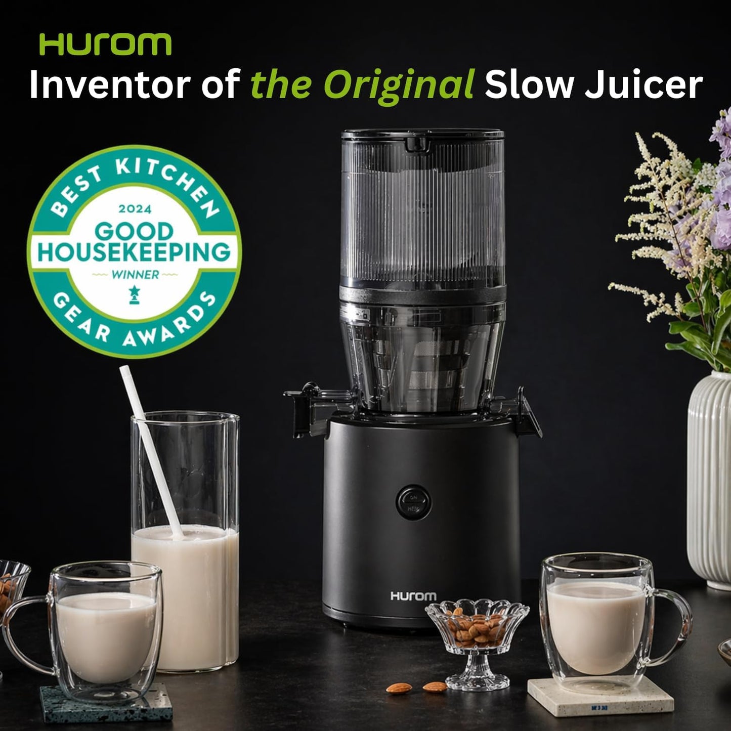 Hurom H320 Cold Press Juicer | Ultra Low Pulp | Slow Juicer | Hopper Fits Whole Produce | Ultra Quiet Motor | Easy Assembly | Cold Press Masticating Juicer, 15 Years Warranty (Matte Black)