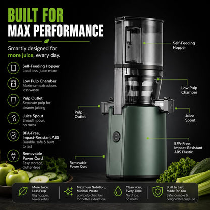 Hurom H320 Cold Press Juicer | Ultra Low Pulp | Slow Juicer | Hopper Fits Whole Produce | Ultra Quiet Motor | Easy Assembly | Cold Press Masticating Juicer, 15 Years Warranty (Matte Black)