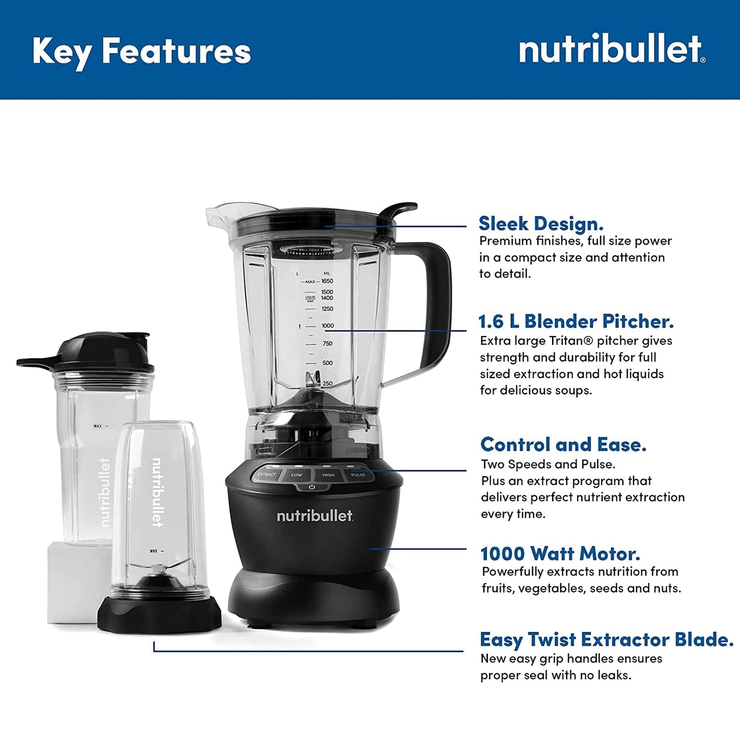 Nutribullet 1200W Combo Blender, USA #1 Mixer, Grinder, Smoothie Maker, Food Processor, "The Original Nutribullet", 3 Unbreakable Jars, 1.8L Extra Large Pitcher & Tamper, 2yrs warranty (Dark Grey)