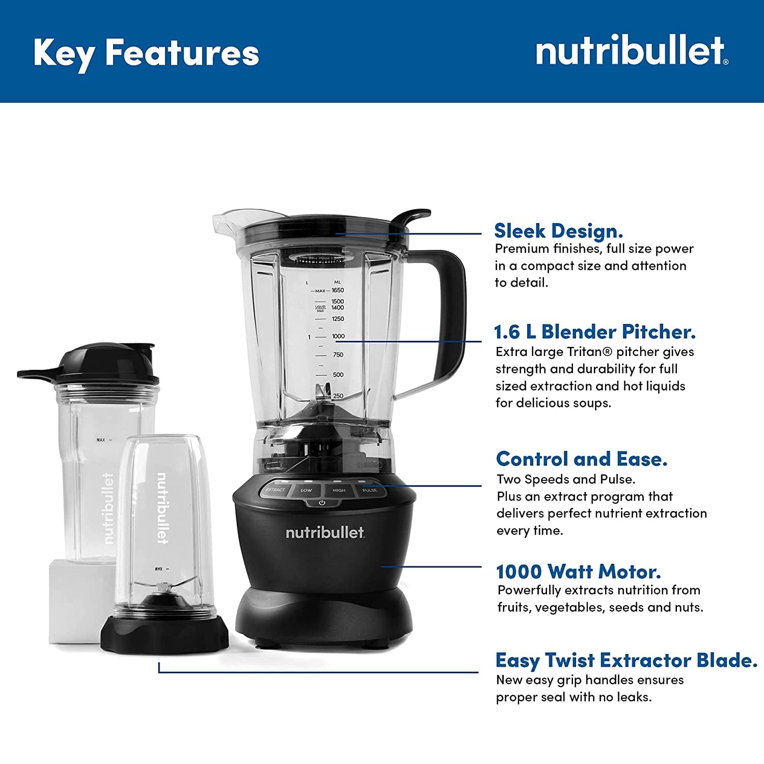 Nutribullet 1200W Combo Blender, USA #1 Mixer, Grinder, Smoothie Maker, Food Processor, "The Original Nutribullet", 3 Unbreakable Jars, 1.8L Extra Large Pitcher & Tamper, 2yrs warranty (Dark Grey)