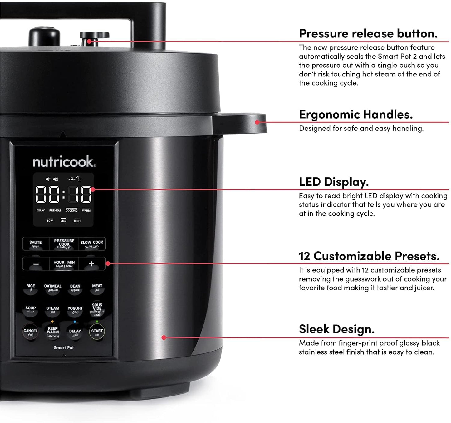 Nutricook Stainless Steel Smart Pot 2 8QT (7.7 Litre),1200W 9-in-1 Instant Programmable Electric Pressure Cooker, Slow Cooker, Rice Cooker, Steamer, Sauté Pot, Sous Vide, Smart Lid, 2-Year Warranty