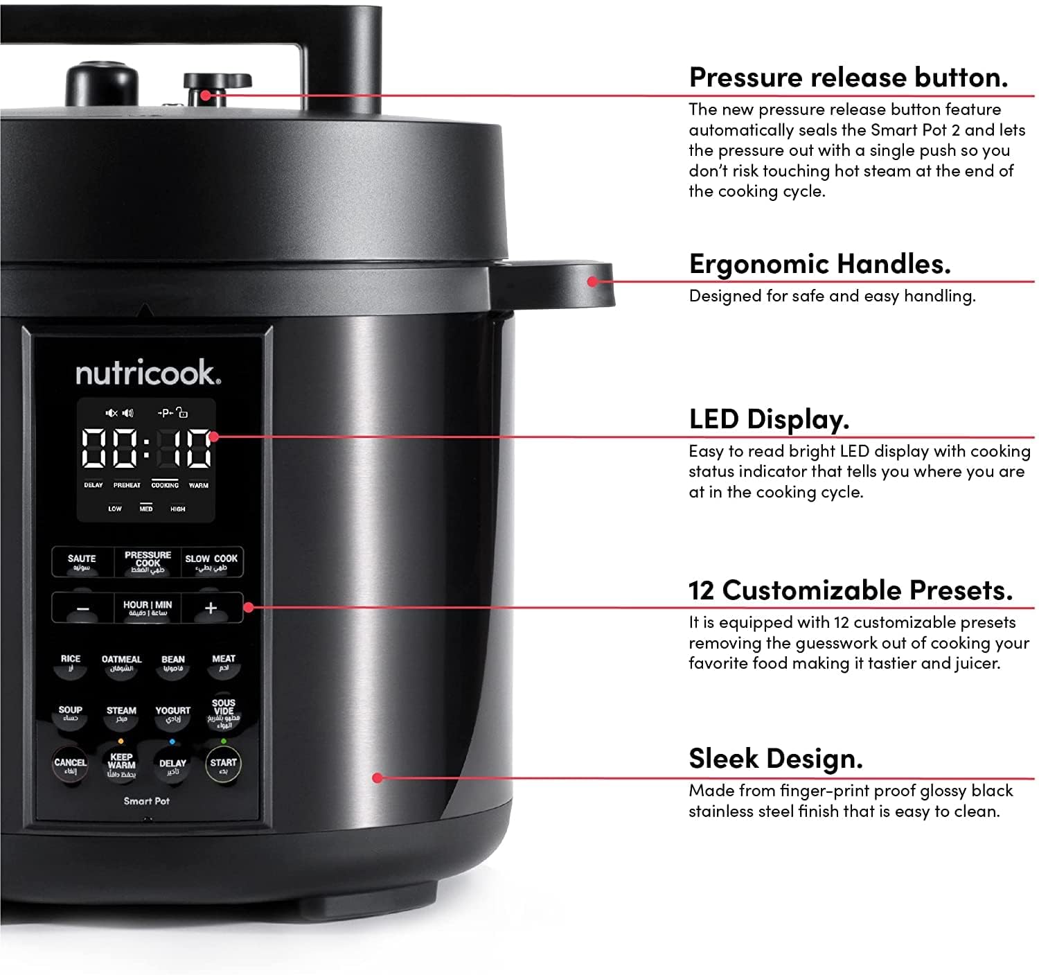 Nutricook Stainless Steel Smart Pot 2 8QT (7.7 Litre),1200W 9-in-1 Instant Programmable Electric Pressure Cooker, Slow Cooker, Rice Cooker, Steamer, Sauté Pot, Sous Vide, Smart Lid, 2-Year Warranty