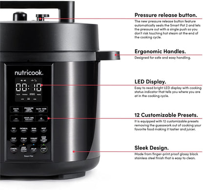 Nutricook Stainless Steel Smart Pot 2 8QT (7.7 Litre),1200W 9-in-1 Instant Programmable Electric Pressure Cooker, Slow Cooker, Rice Cooker, Steamer, Sauté Pot, Sous Vide, Smart Lid, 2-Year Warranty
