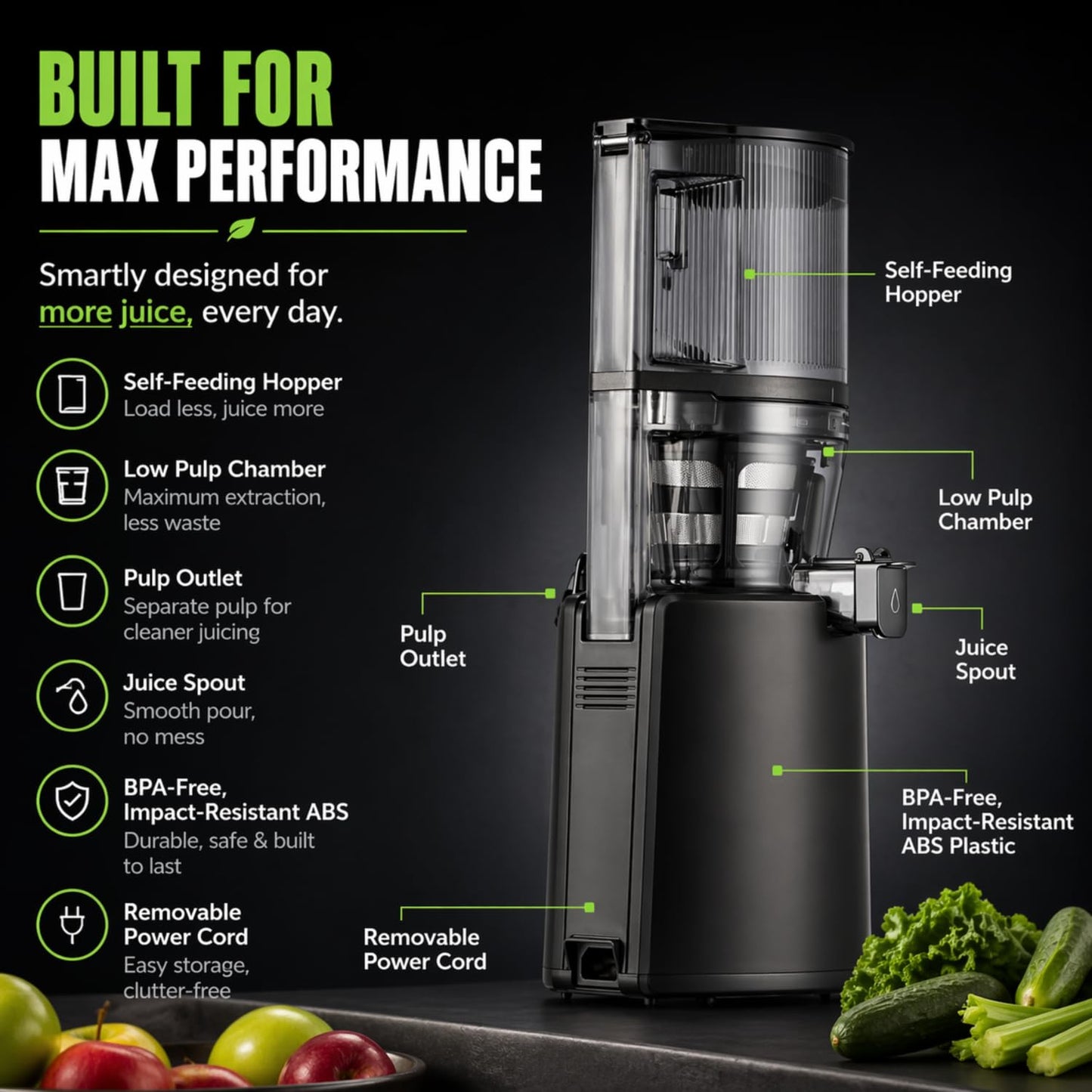 Hurom H320 Cold Press Juicer | Ultra Low Pulp | Slow Juicer | Hopper Fits Whole Produce | Ultra Quiet Motor | Easy Assembly | Cold Press Masticating Juicer, 15 Years Warranty (Matte Black)