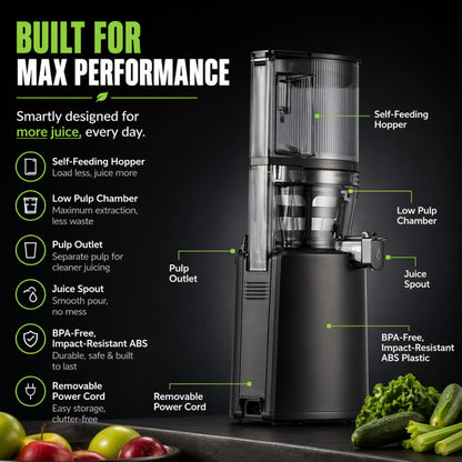 Hurom H320 Cold Press Juicer | Ultra Low Pulp | Slow Juicer | Hopper Fits Whole Produce | Ultra Quiet Motor | Easy Assembly | Cold Press Masticating Juicer, 15 Years Warranty (Matte Black)