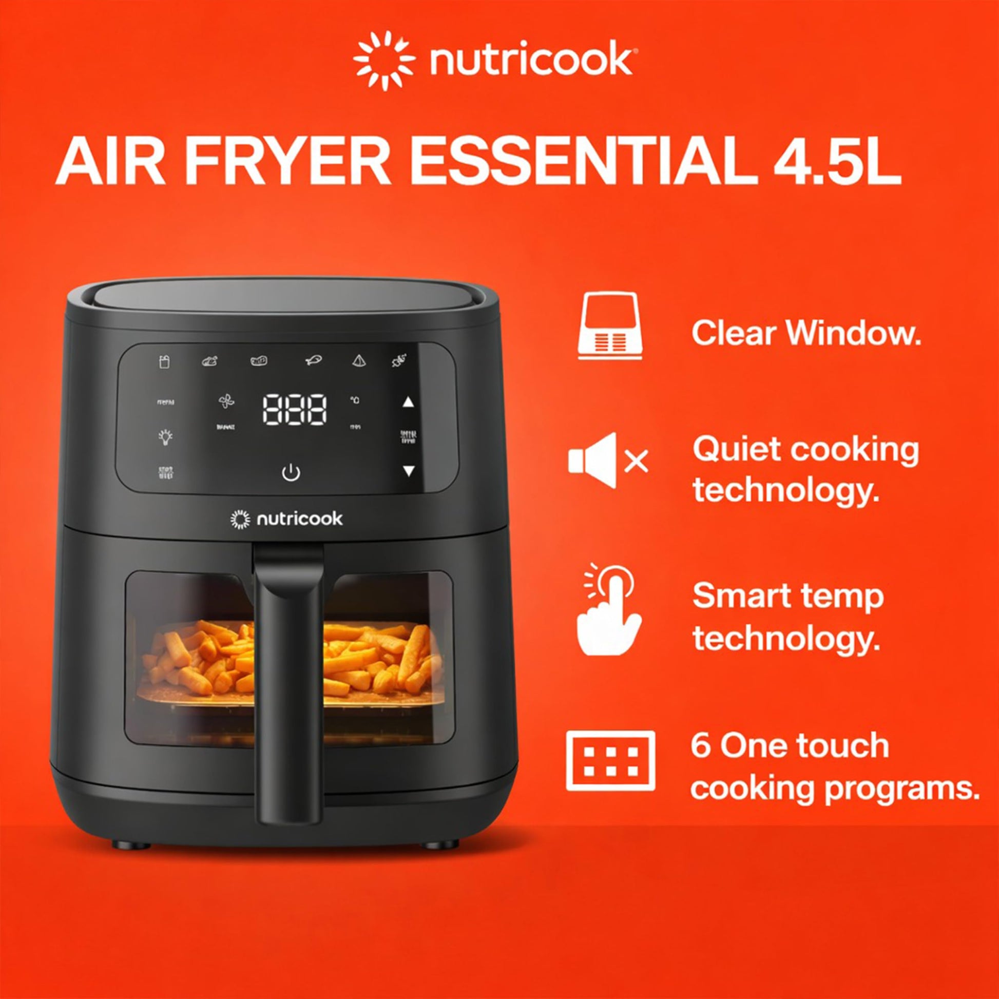 Nutricook 4.5L Air Fryer Essential, 2026 New Launch, 100% Toxin-Free Ceramic Coating - No PTFE, PFAS, PFOA or Microplastics, Clear Window, 1300W, 6 Cooking Programs, 2-Year Warranty