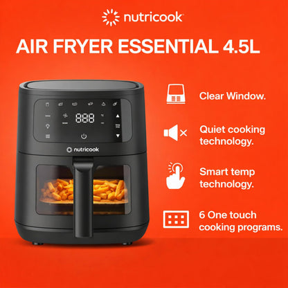 Nutricook 4.5L Air Fryer Essential, 2026 New Launch, 100% Toxin-Free Ceramic Coating - No PTFE, PFAS, PFOA or Microplastics, Clear Window, 1300W, 6 Cooking Programs, 2-Year Warranty