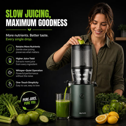 Hurom H320 Cold Press Juicer | Ultra Low Pulp | Slow Juicer | Hopper Fits Whole Produce | Ultra Quiet Motor | Easy Assembly | Cold Press Masticating Juicer, 15 Years Warranty (Matte Black)