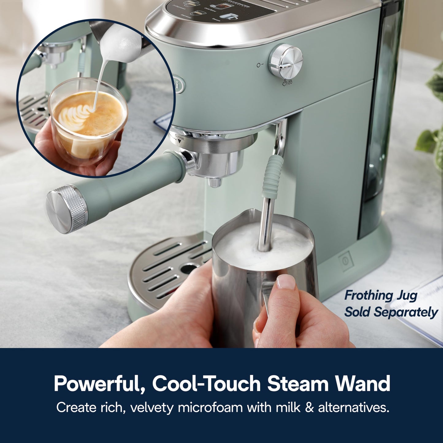 De’Longhi Dedica Duo Cold Brew Espresso Machine with Milk Frother, 15 Bar Pressure, Original Italian Barista Style Coffee Maker, Make Espresso, Latte, Cappuccino & Ice Coffee, Pistachio Green, EC890GR
