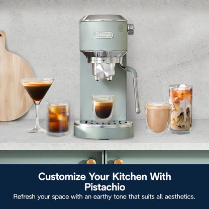 De’Longhi Dedica Duo Cold Brew Espresso Machine with Milk Frother, 15 Bar Pressure, Original Italian Barista Style Coffee Maker, Make Espresso, Latte, Cappuccino & Ice Coffee, Pistachio Green, EC890GR