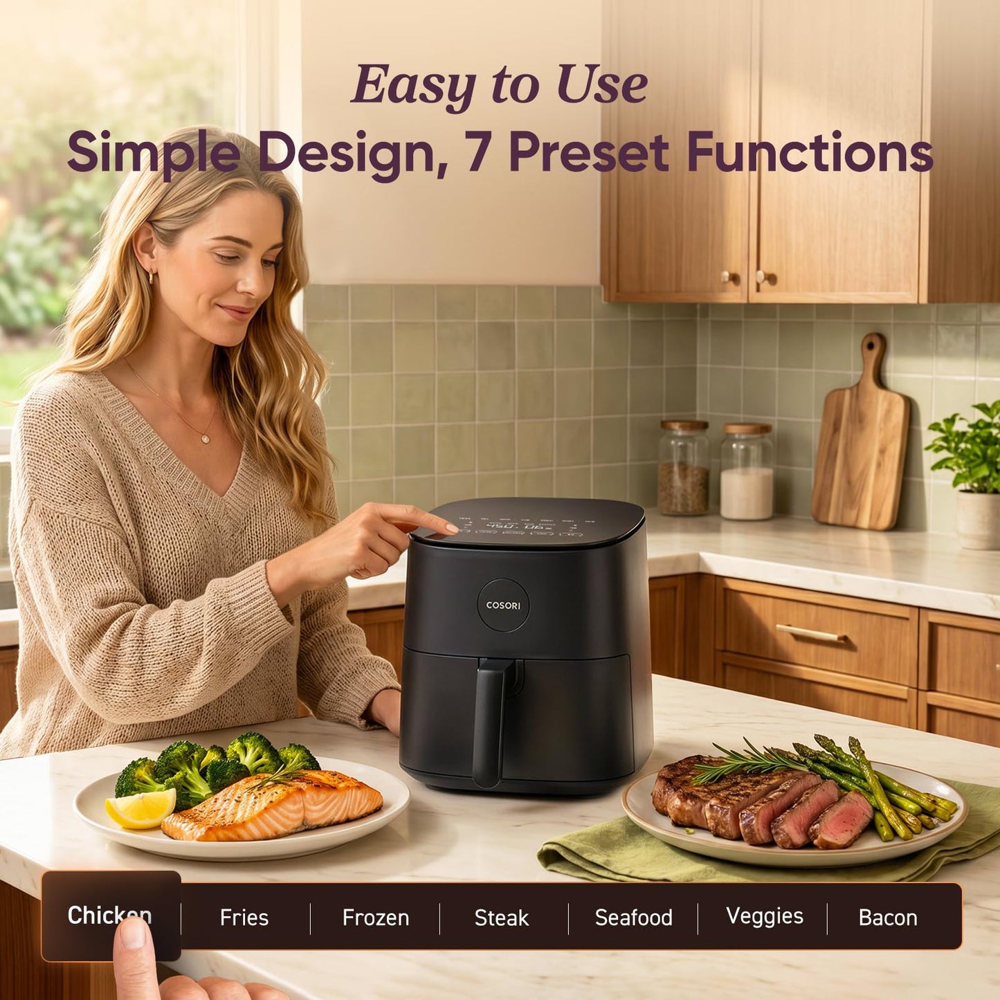 COSORI Air Fryer 5 QT (4.7 Litre) Black, 1500W Fast Cooking 9 Preset Menu, 30 Recipes Cookbook, Grill, Broil, Roast, Toast, Bake, Reheat, Defrost, Digital Touch Panel (CAF-L501)